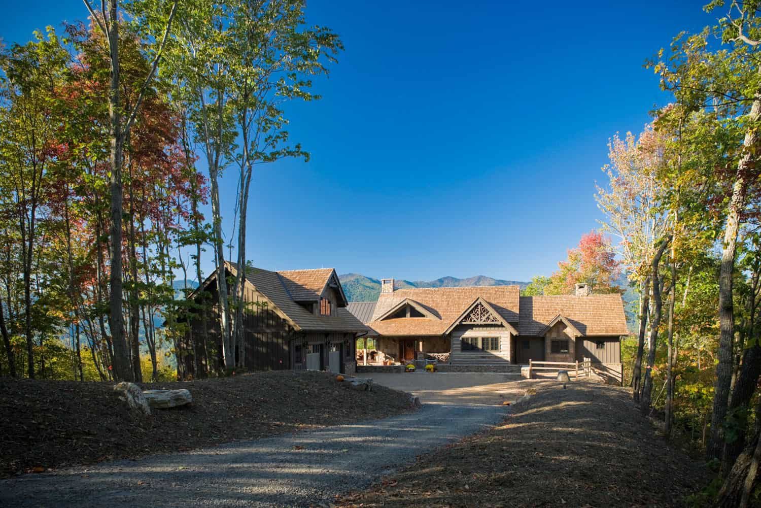 A custom Big Hills Construction home framed by the Blue Ridge Mountains