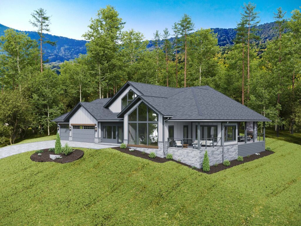 Wraparound covered porch with rocking chairs and an outdoor dining table overlooking the Blue Ridge mountains, on a custom home built by Big Hills Construction on Venetian Drive