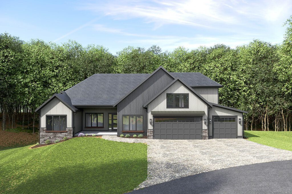 Craftsman-style custom home exterior with a gabled roofline, natural stone accents, and a covered front porch, built by Big Hills Construction on Mont Clair Trail